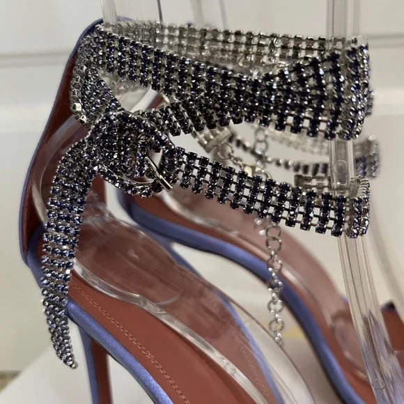 Amina Muaddi Giorgia Tanzanite Satin Crystal Ankle Wrap Sandals Pumps Heels - Picture 8 of 9